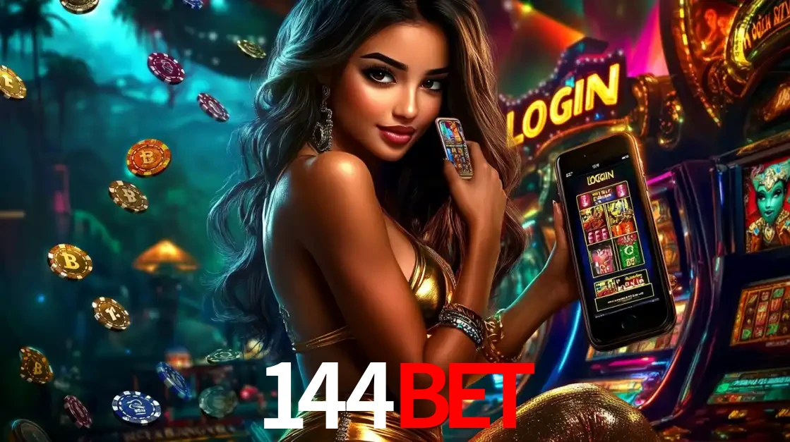 Mulher em um cenário de cassino temático de aventura, mostrando o app de caça-níqueis da 144bet no celular. Fichas de apostas flutuam ao redor.