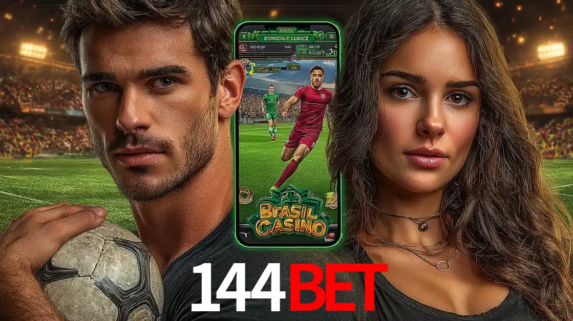 Homem segurando uma bola de futebol e uma mulher ao lado de um smartphone exibindo o jogo de apostas esportivas da 144bet. Faça seu palpite no cassino online.